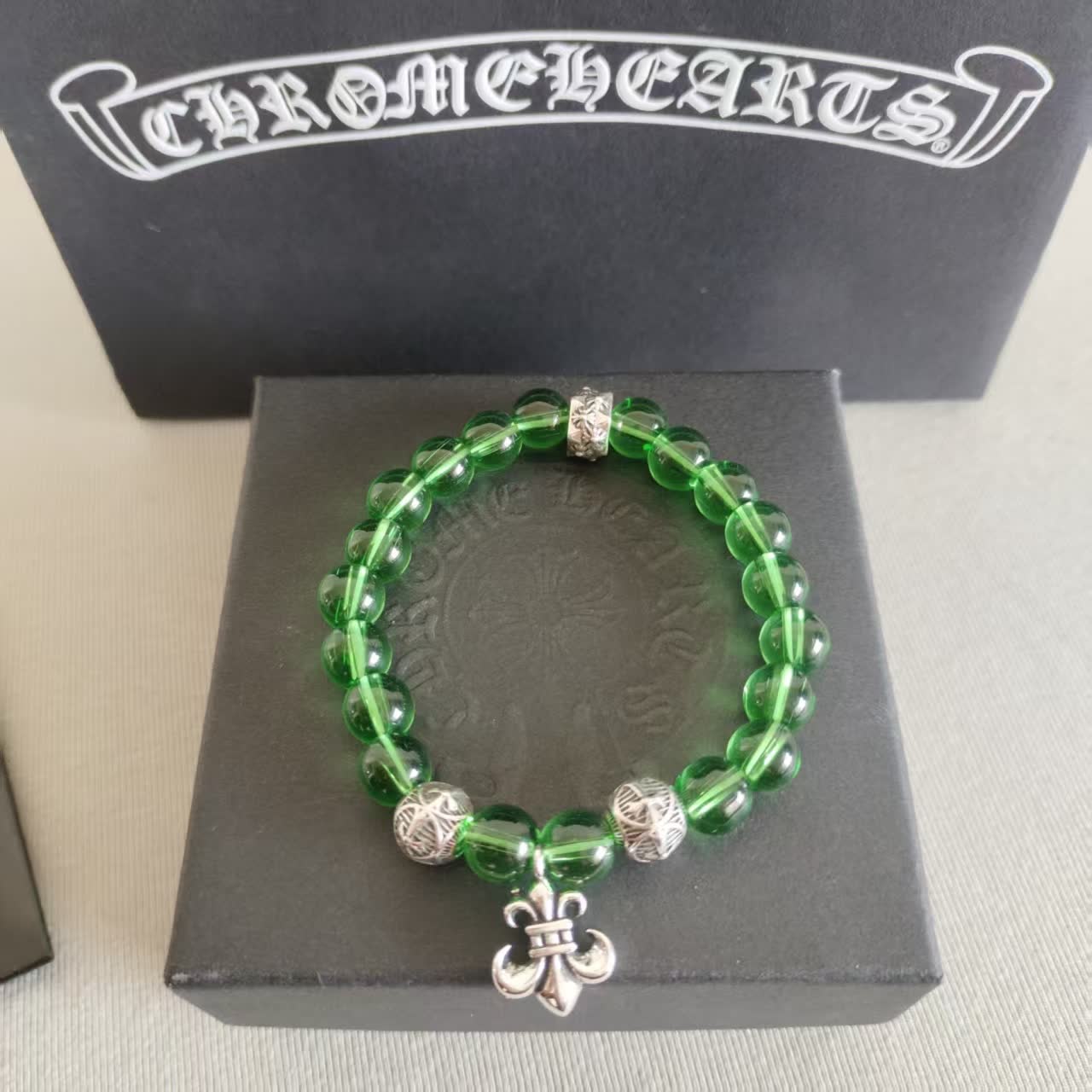 Chrome Hearts Green Beaded Bracelet with Fleur-de-Lis Charm